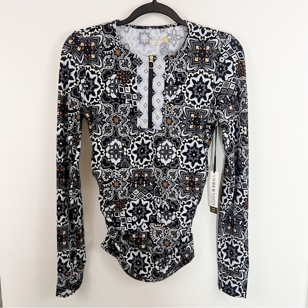 Ambernoon II by Dr. Erum Ilyas Floral Print 1/4 Zip Roll Tab Sleeve Rash Guard